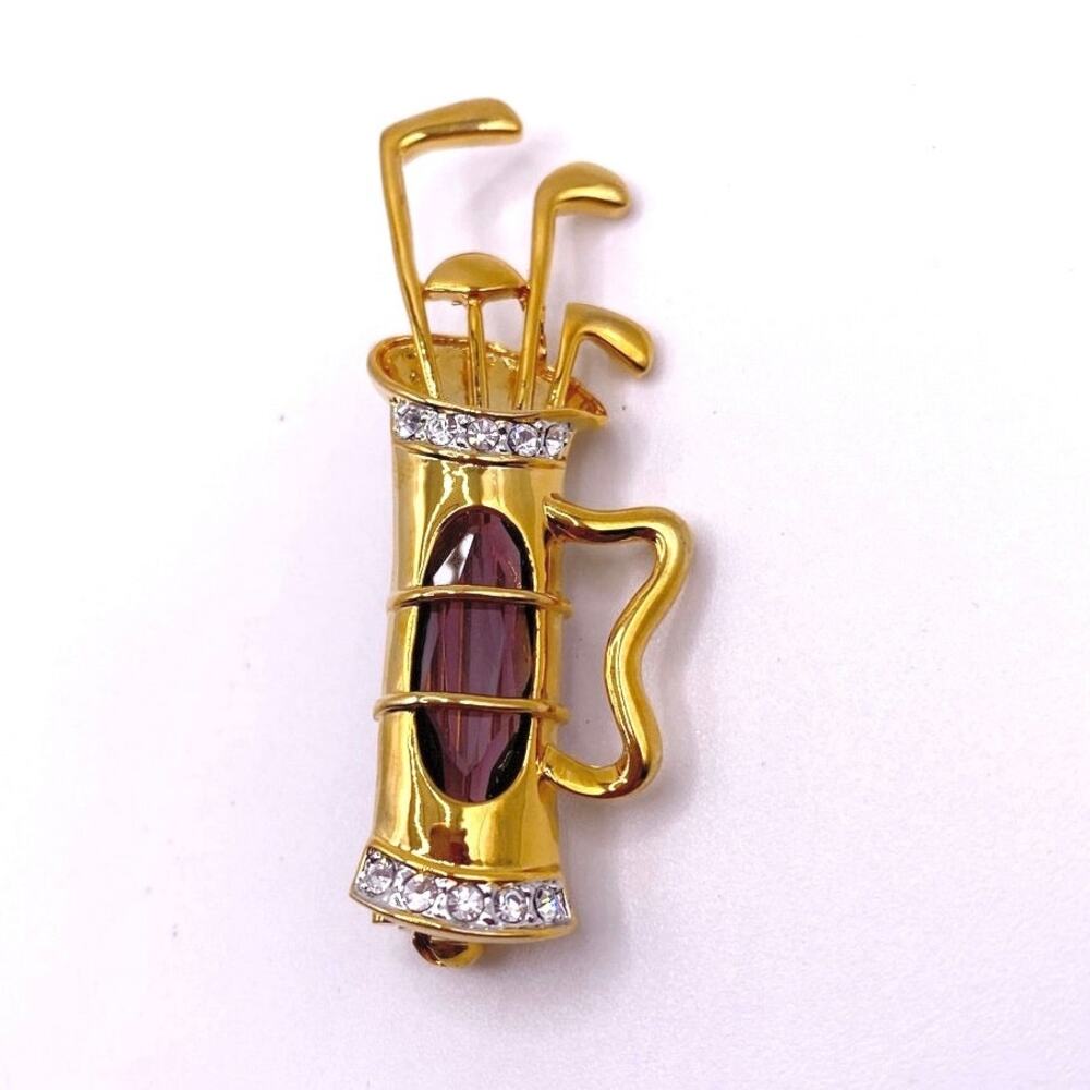Vntg Gold Tone  Golf Bag Brooch With Rhinestones and Purple Glass Stone Accent